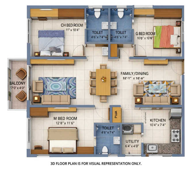 Urbanrise The World Of Joy Miyapur - Floor plan 3 BHK 1839 Sq.ft