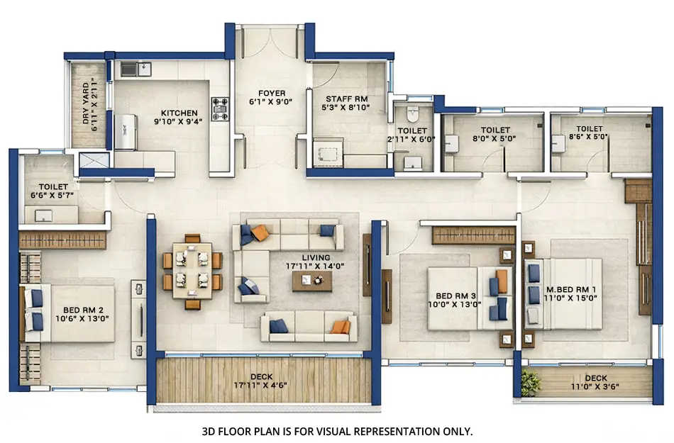 Raheja Atlantis Juinagar - Floor plan 3 BHK 1405 Sq.ft