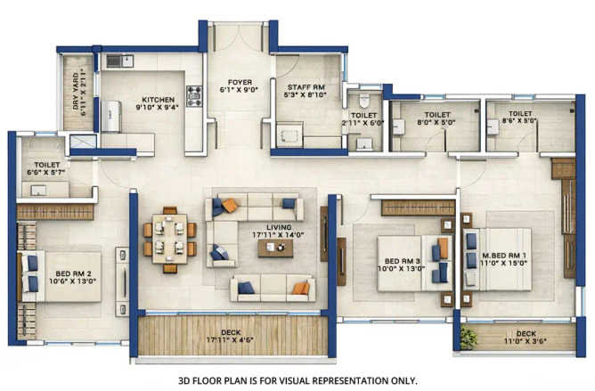 Raheja Atlantis Juinagar - Floor plan 3 BHK 1405 Sq.ft