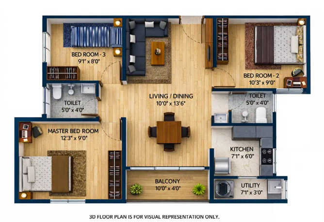 Urbanrise City of Joy Thirumazhisai - Floor plan 3 BHK 1065 Sq.ft