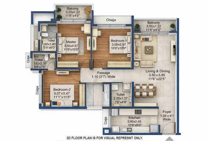 L & T Elixir Reserve Powai - Floor plan 3 BHK 1130 Sq.ft