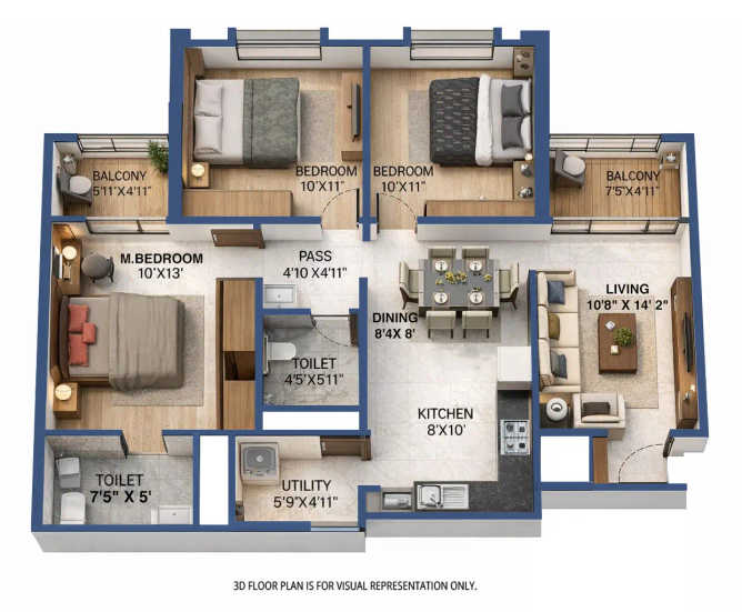 Provident Kenvista Kondhwa - Floor plan 3 BHK 880 Sq.ft