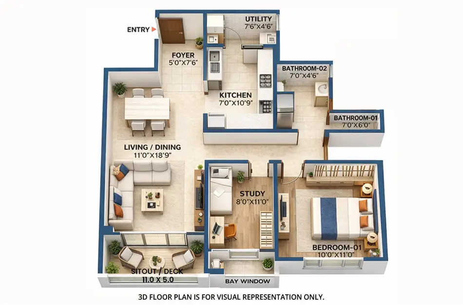 Bhartiya City Nikoo Garden Enclave Thanisandra - Floor plan 1.5 BHK 1088 Sq.ft