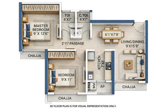 Tricity Aura Kalamboli - Floor plan 2 BHK 980 Sq.ft