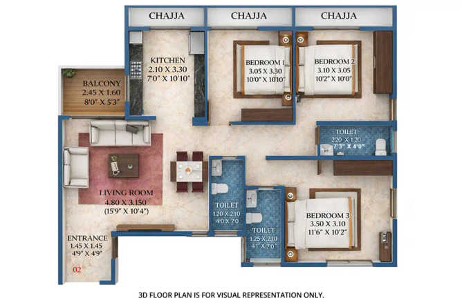 EV 23 Malibu West Kopar Khairane - Floor plan 3 BHK 809 Sq.ft