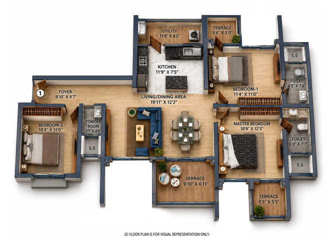 Purva Emerald Bay Mundhwa - Floor plan 3 BHK 1075 Sq.ft