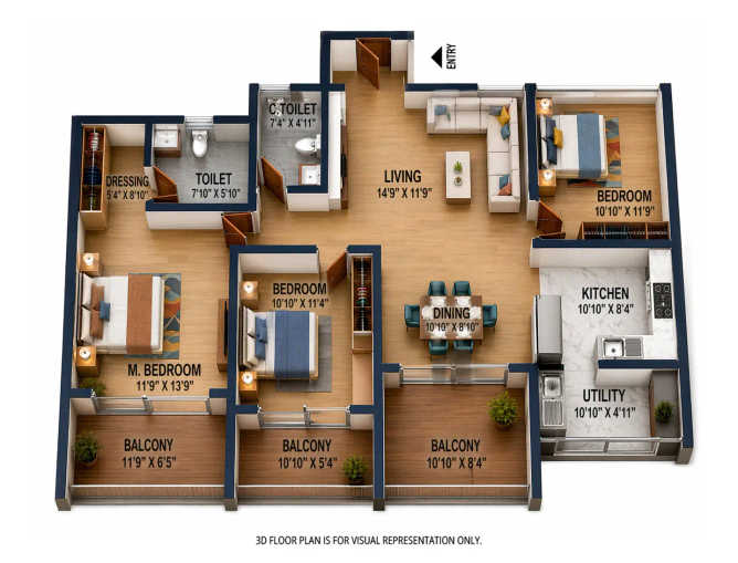 ELV High Garden Whitefield - Floor plan 3 BHK 1373 Sq.ft