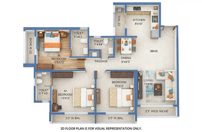 Sai World Empire Kharghar - Floor plan 3 BHK 1094 Sq.ft