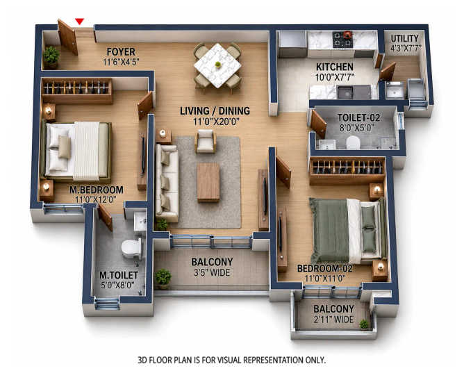 Prestige Evergreen Whitefield - Floor plan 2 BHK 1200 Sq.ft