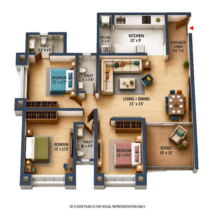 Utsav The Address Baner - Floor plan 3 BHK 1257 Sq.ft