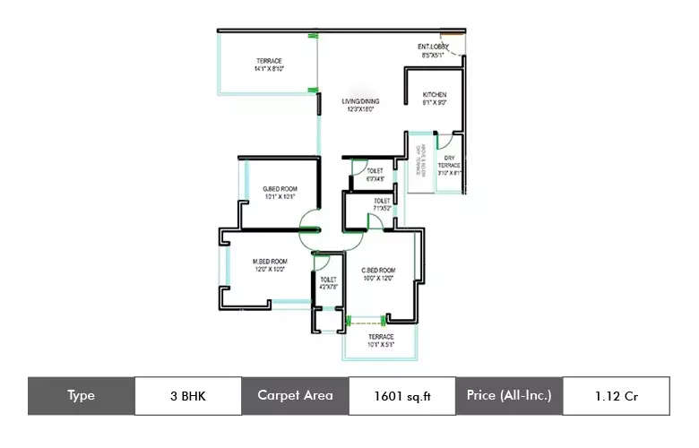 Floor plan for 3 BHK