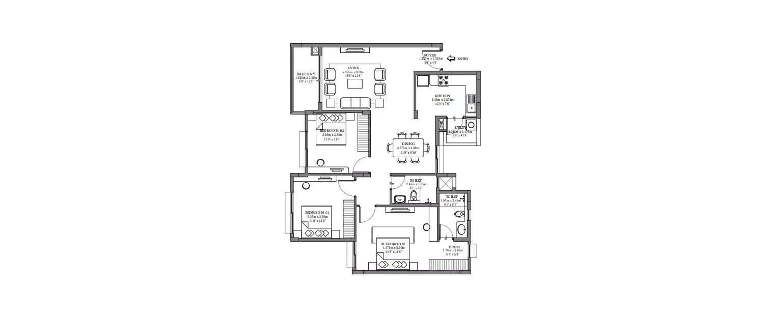 Floor plan for 3 BHK