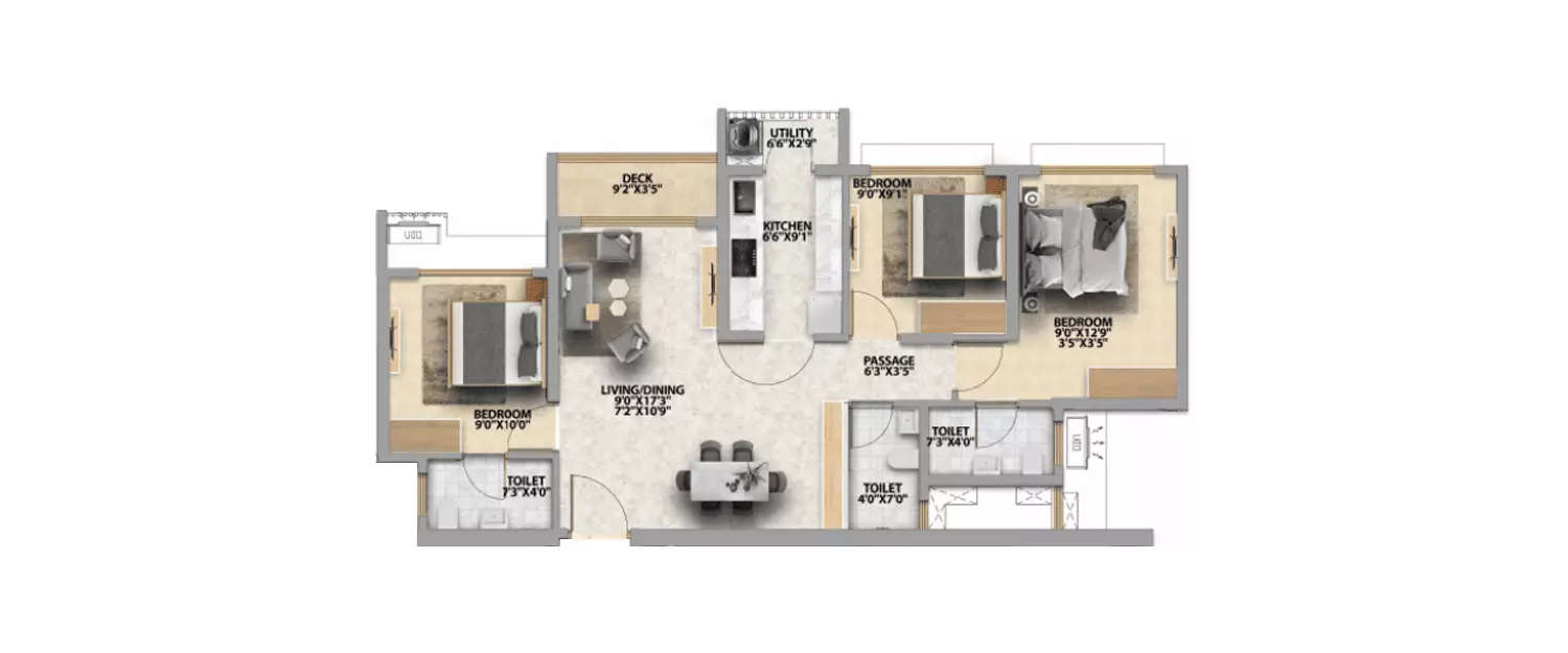 Floor plan for 3 BHK