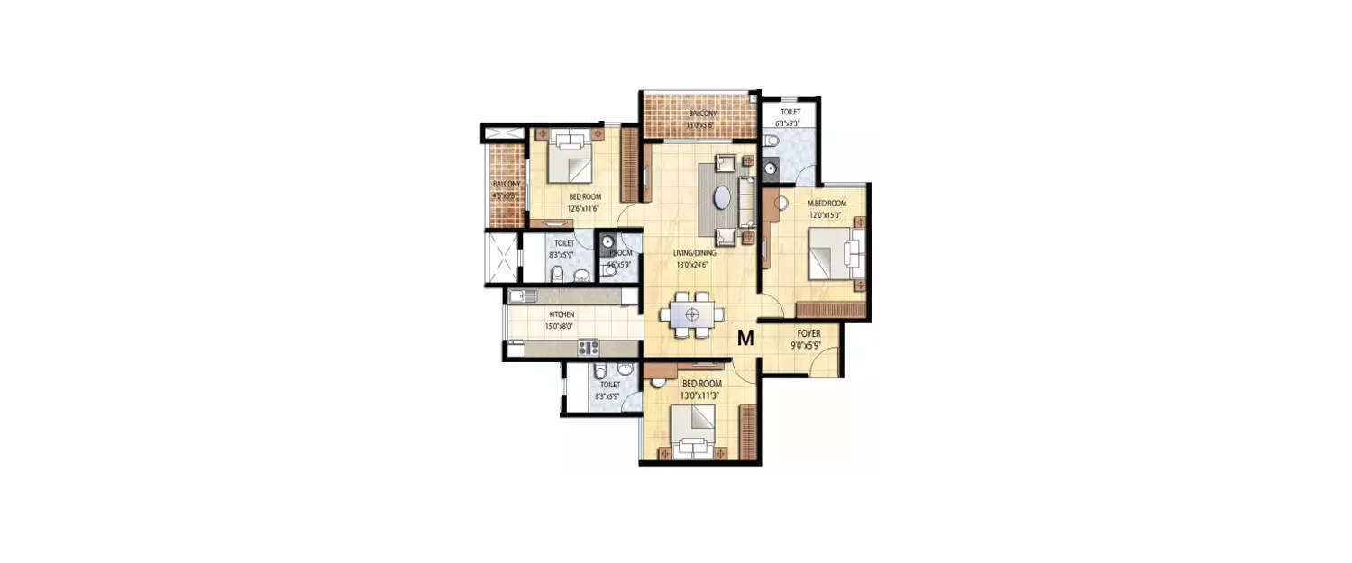 Floor plan for 3 BHK