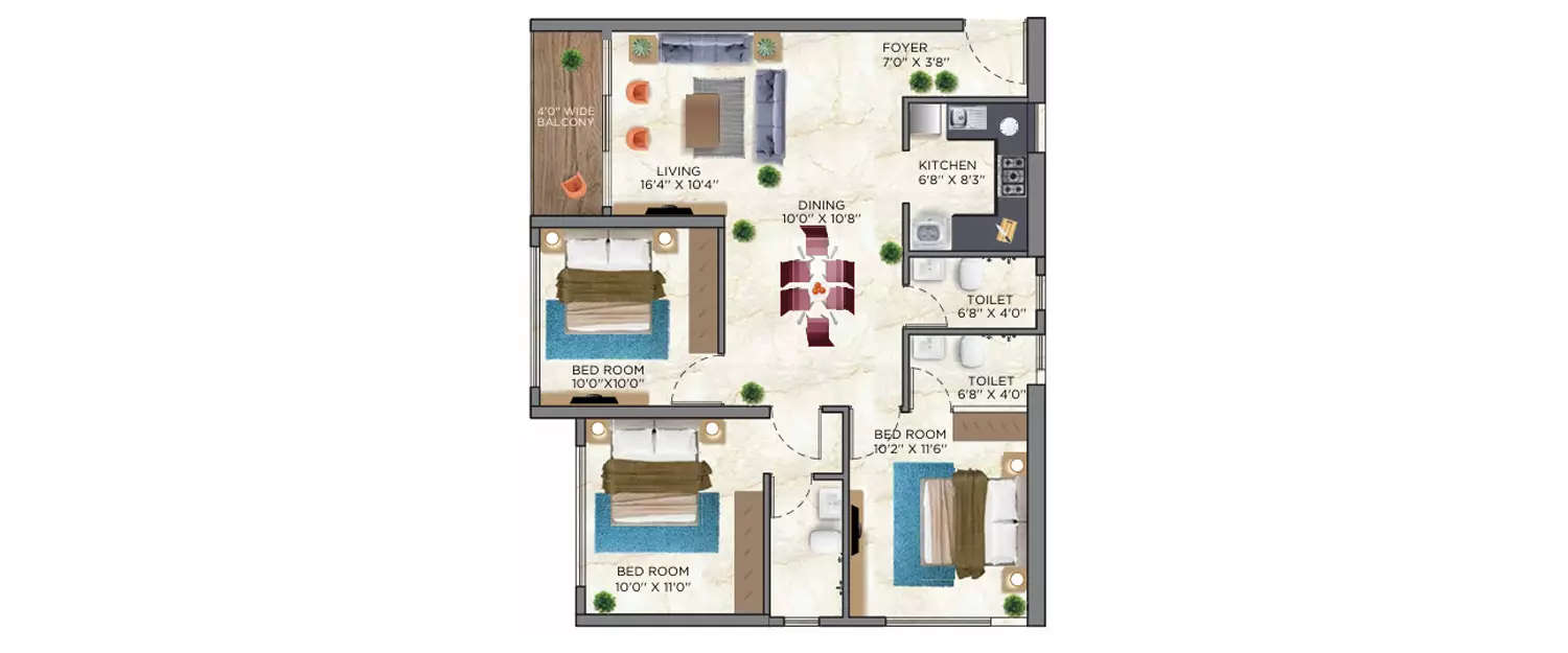 Floor plan for 3 BHK
