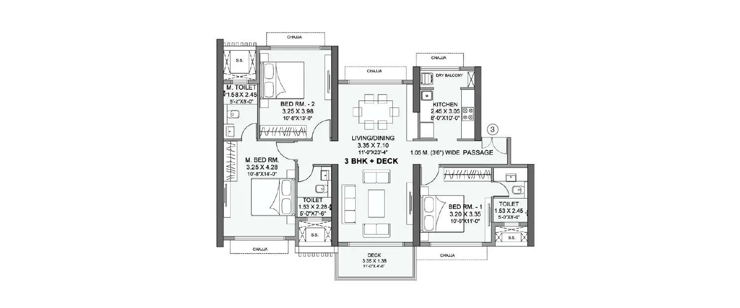 Floor plan for 3 BHK