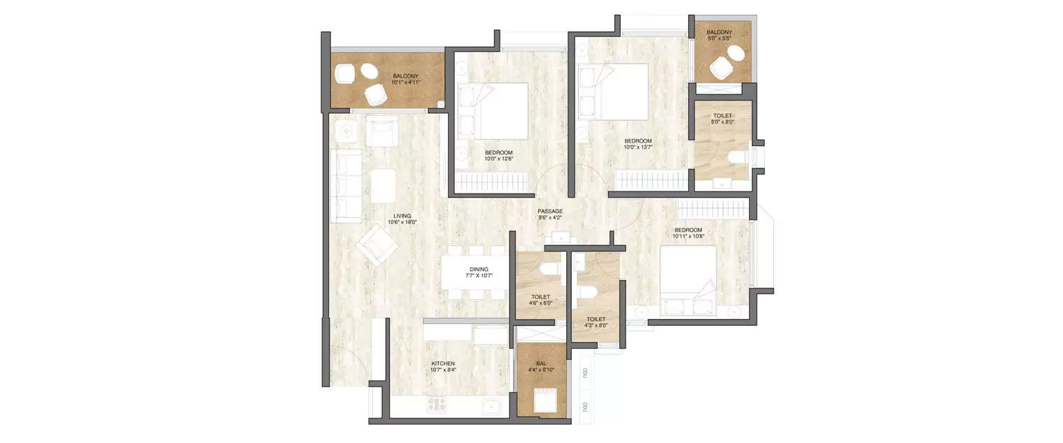 Floor plan for 3 BHK