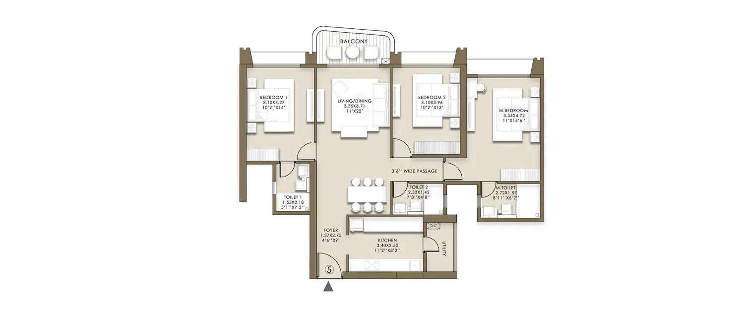 Floor plan for 3 BHK