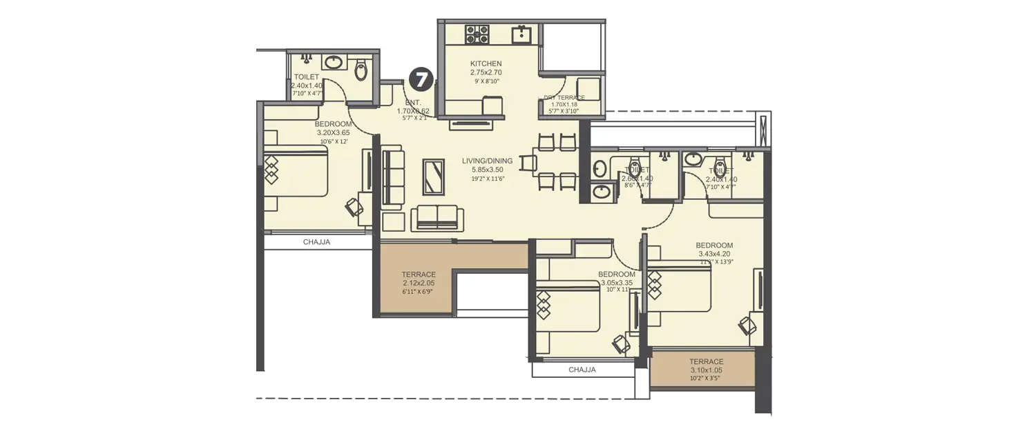 Floor plan for 3 BHK
