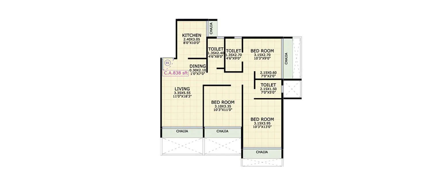 Floor plan for 3 BHK