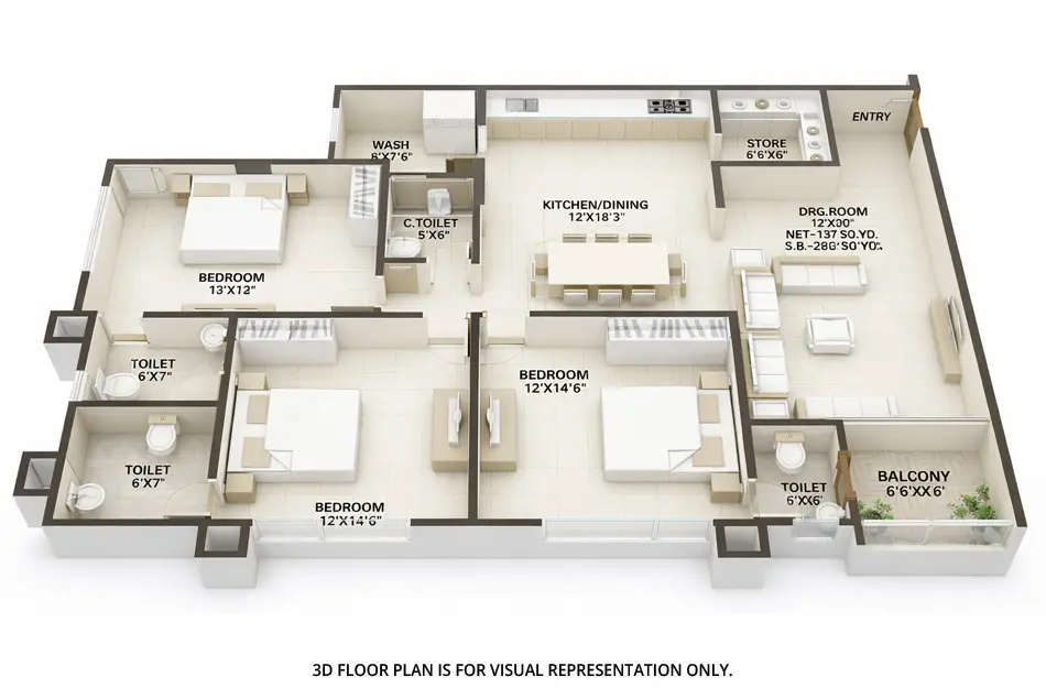 Floor plan for 3 BHK