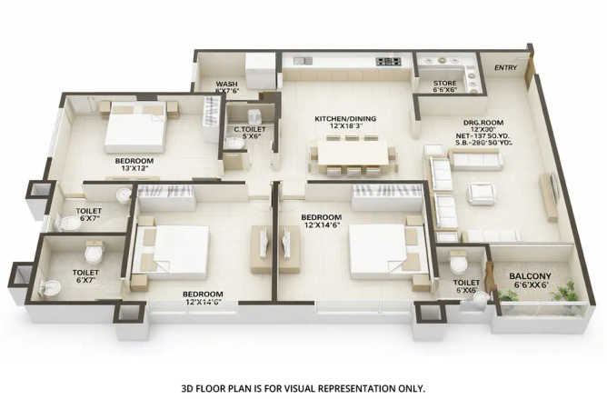 Runwal 25 Hour Life Ghodbunder Road - Floor plan 3 BHK 1276 Sq.ft