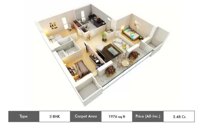 Appaswamy Clover By The River Adyar - Floor plan 3 BHK 1976 Sq.ft