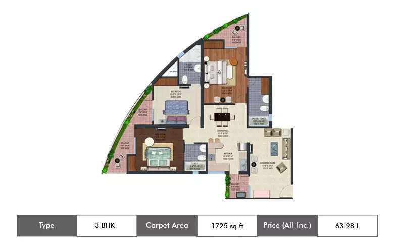Floor plan for 3 BHK