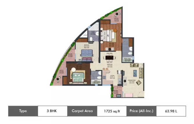 Supertech Ecovillage Sector 16B Greater Noida W - Floor plan 3 BHK 1725 Sq.ft