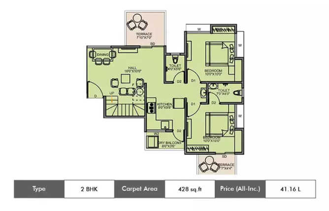 Majestique Aqua Fursungi - Floor plan 2 BHK 482 Sq.ft