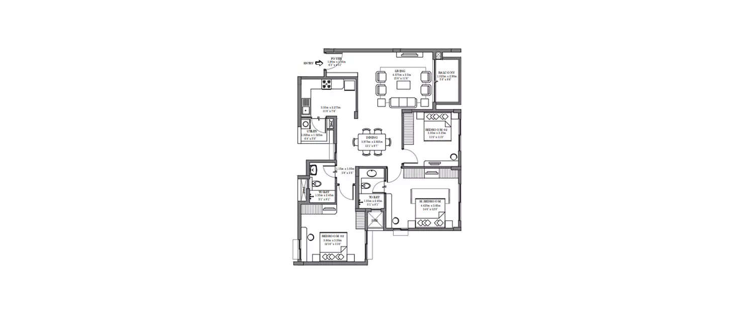 Floor plan for 3 BHK