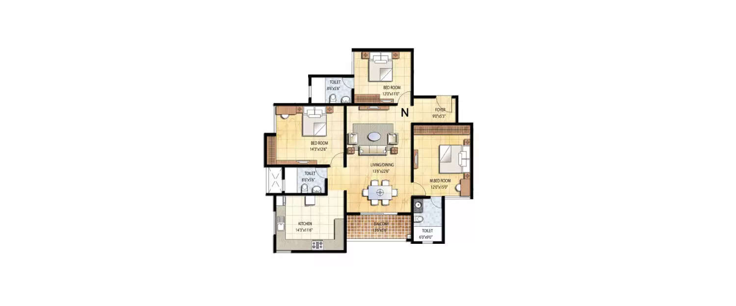 Floor plan for 3 BHK