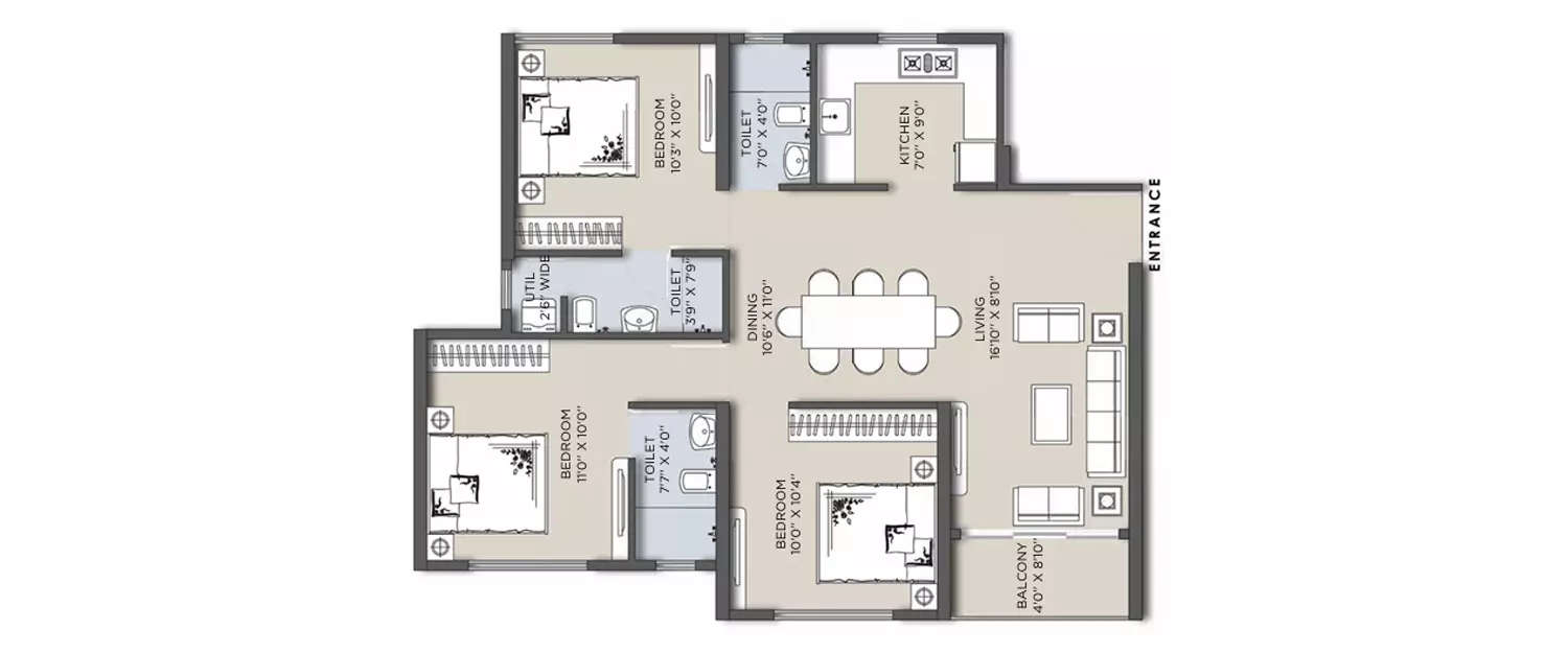 Floor plan for 3 BHK