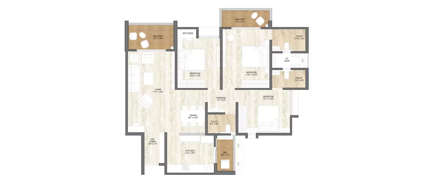 Floor plan for 3 BHK