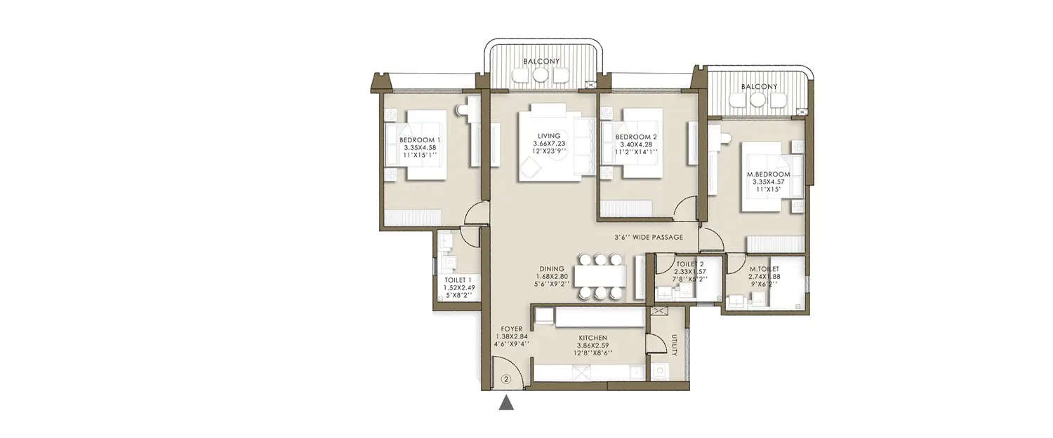 Floor plan for 3 BHK