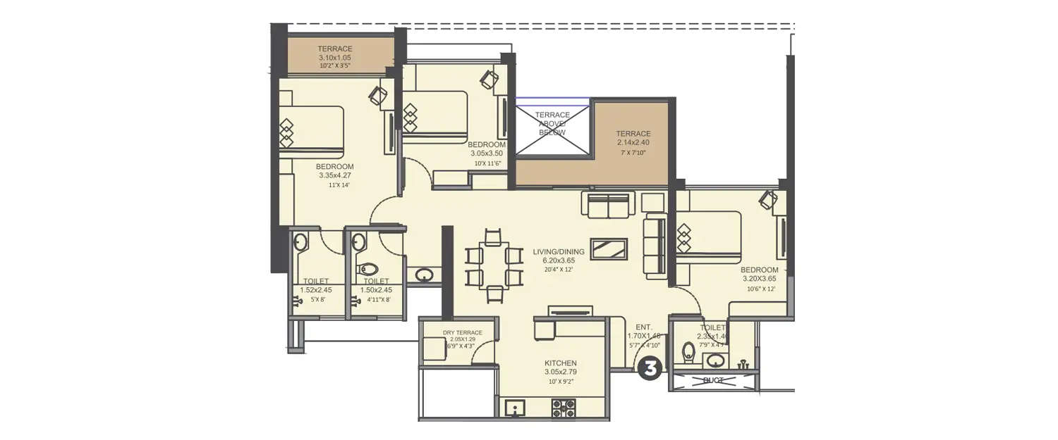 Floor plan for 3 BHK