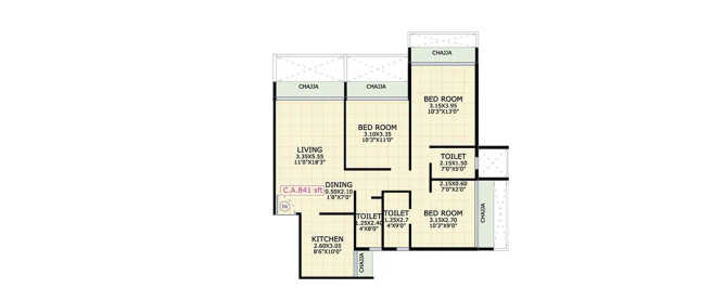 Gami Asters Ghansoli - Floor plan 3 BHK 841 Sq.ft