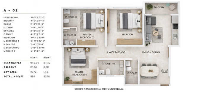 Sheth Promont Sion - Floor plan 3 BHK 993 Sq.ft