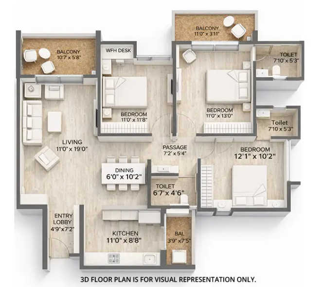 Pride World City Charholi - Floor plan 3 BHK 1156 Sq.ft