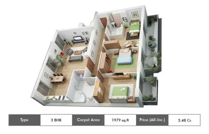 Appaswamy Clover By The River Adyar - Floor plan 3 BHK 1979 Sq.ft
