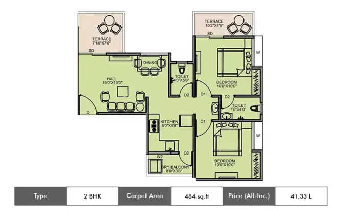 Majestique Aqua Fursungi - Floor plan 2 BHK 484 Sq.ft