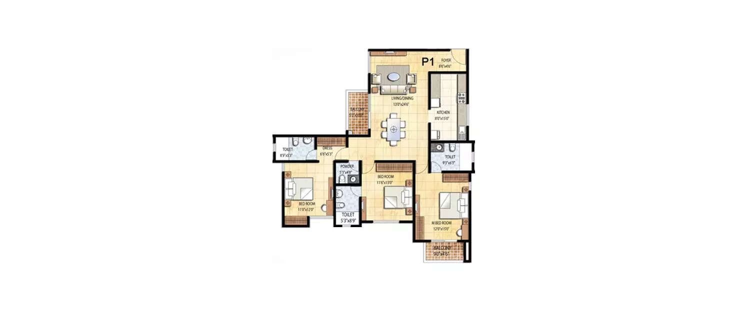 Floor plan for 3 BHK