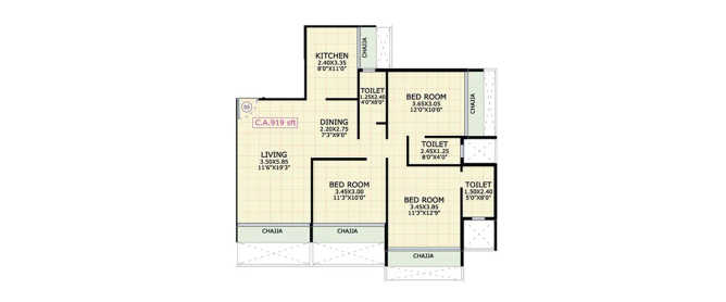 Gami Asters Ghansoli - Floor plan 3 BHK 919 Sq.ft