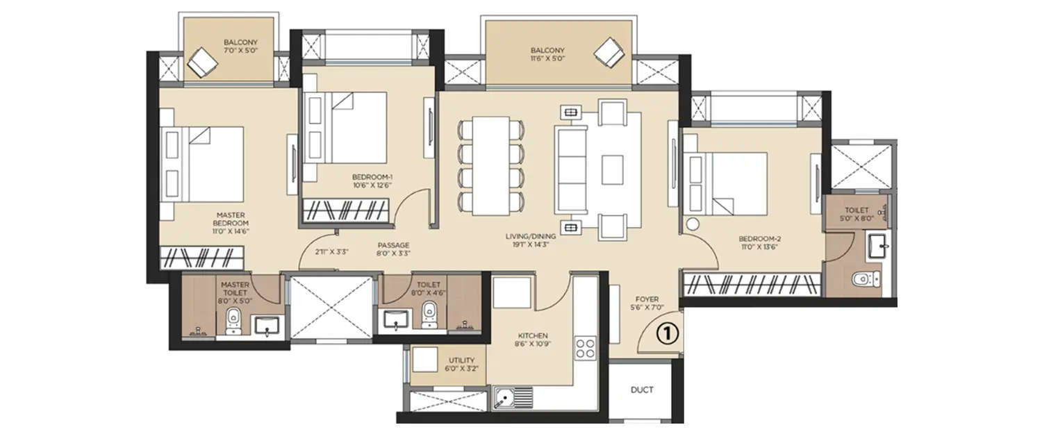 Floor plan for 3 BHK