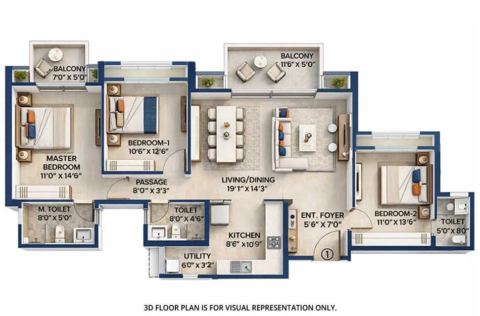 Hiranandani Fortune City Panvel - Floor plan 3 BHK 1168 Sq.ft