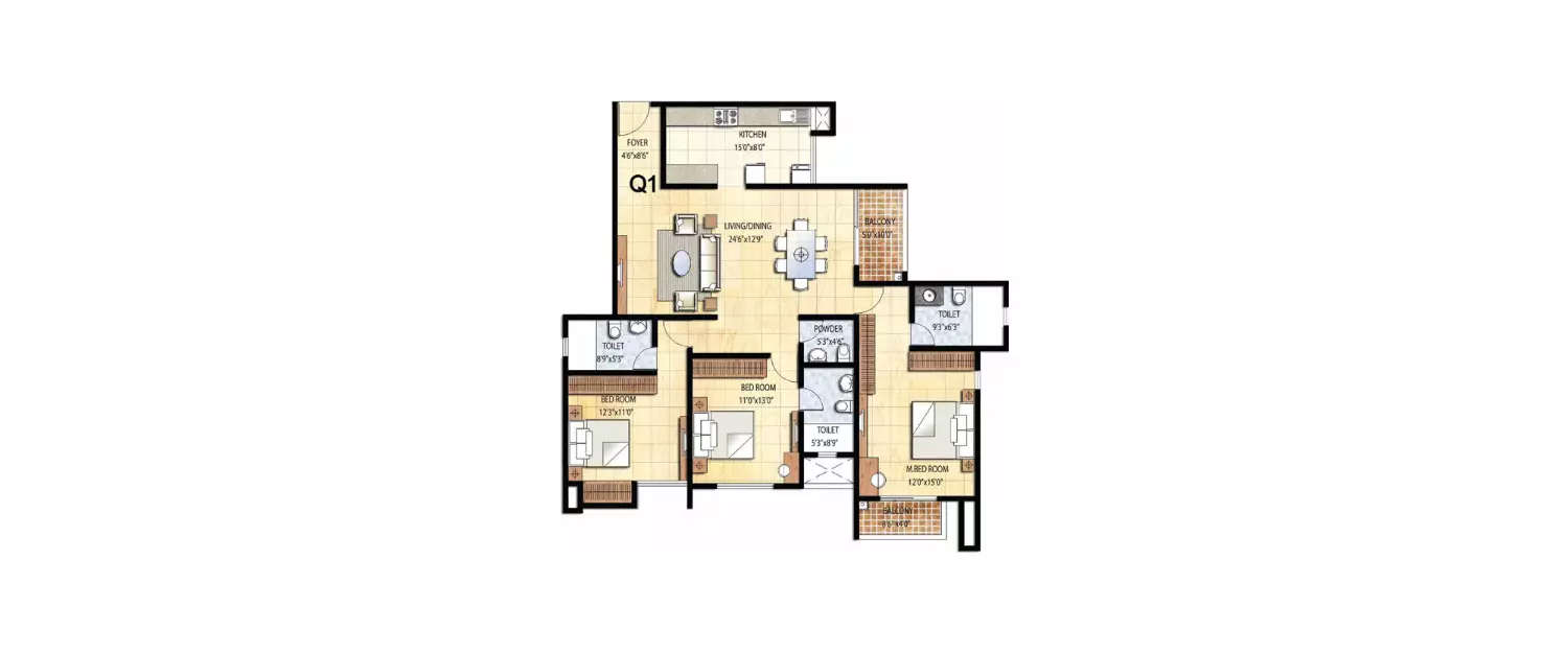 Floor plan for 3 BHK