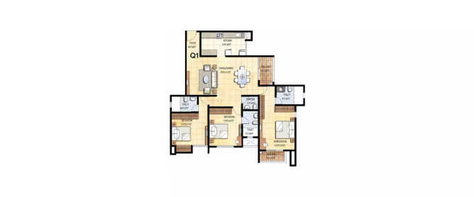 Prestige Falcon City Kanakapura - Floor plan 3 BHK 1287 Sq.ft