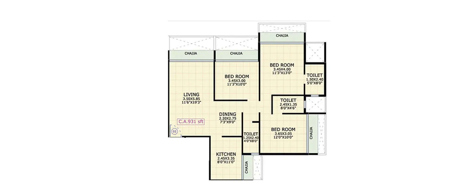Floor plan for 3 BHK