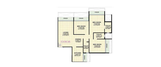 Gami Asters Ghansoli - Floor plan 3 BHK 931 Sq.ft