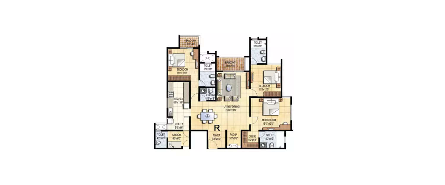 Floor plan for 3 BHK